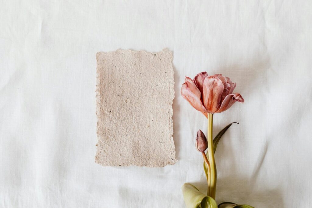 Elegant arrangement of a pink tulip and textured paper on a white fabric background, showcasing minimalist design.